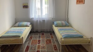 Een kamer met twee eenpersoonsbedden, een raam met dunne gordijnen, een klein schilderij aan de muur en een kamerbreed tapijt met dessin.