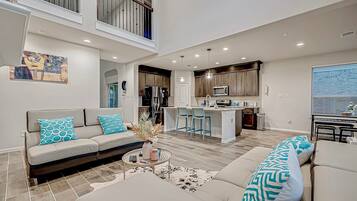 Smart TV, fireplace, books
