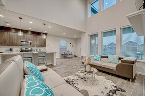 Smart TV, fireplace, books