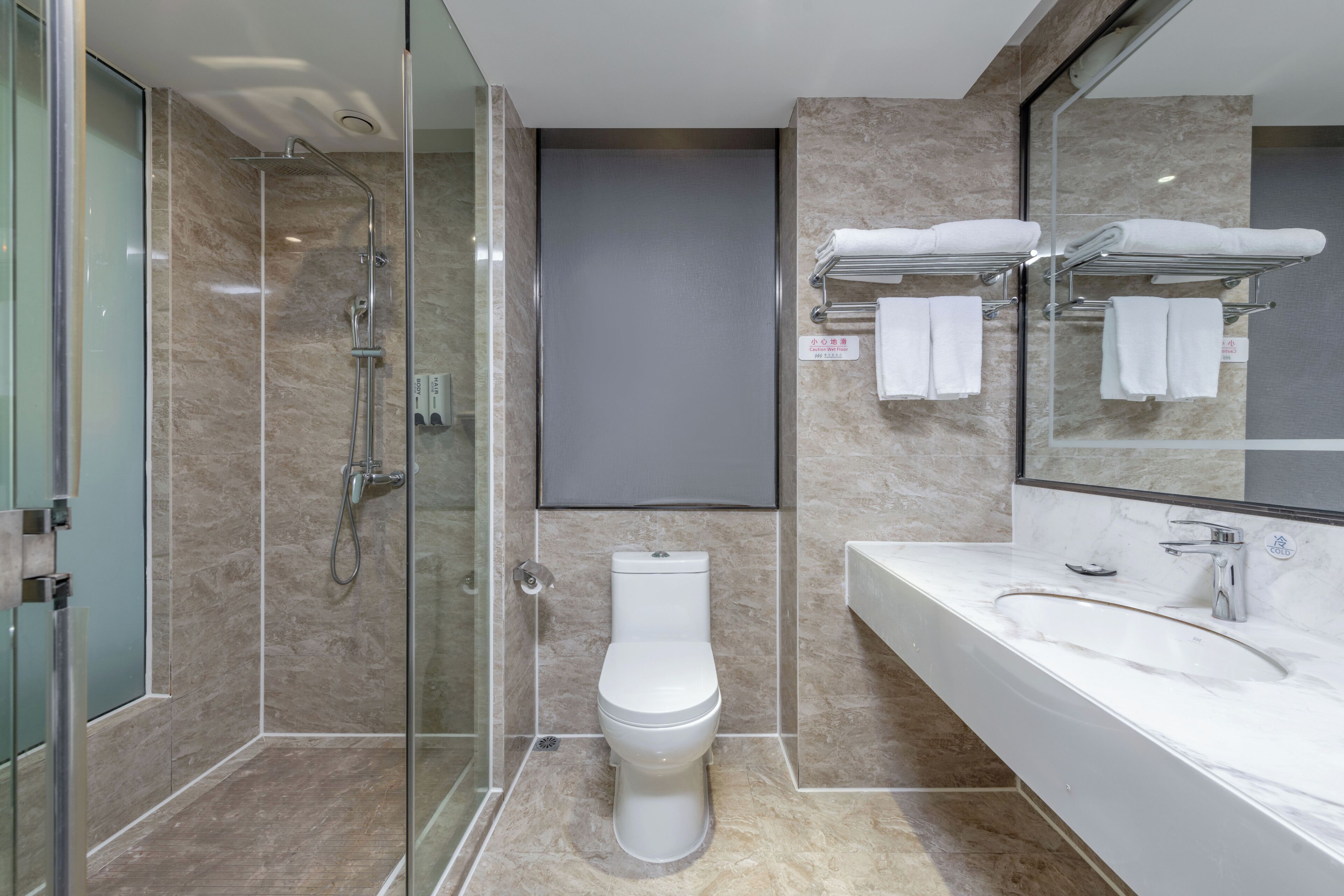 A modern bathroom with a glass-enclosed shower, a toilet, and a large sink with a mirror.