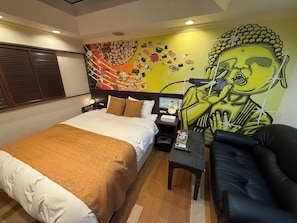 A hotel room with a bed, a desk, a chair, a wall mural, and a window with blinds. - Sakura Osaka Castle North Hotel (Osaka)
