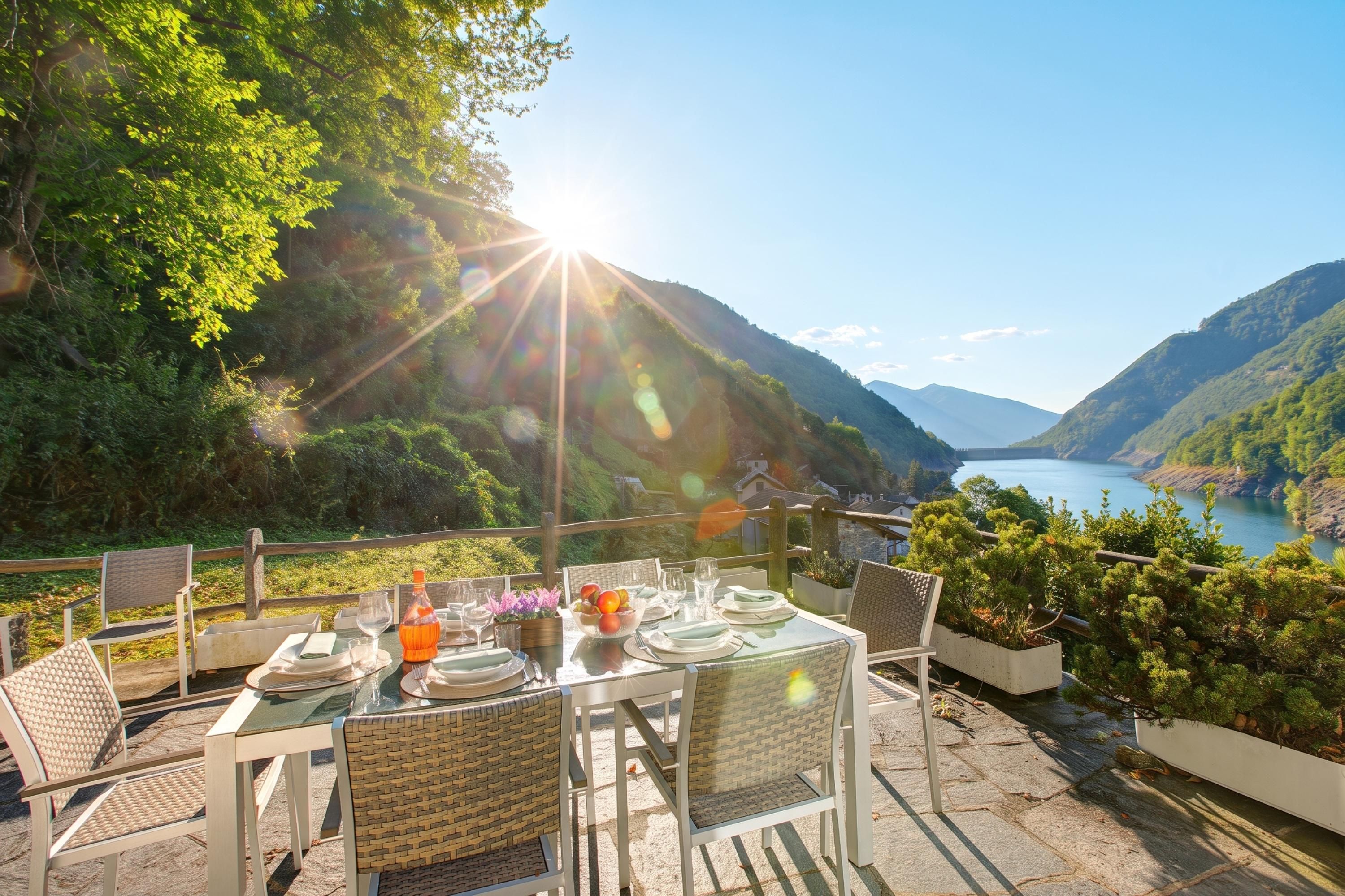 An outdoor dining area with a table set for four, overlooking a scenic valley and lake.