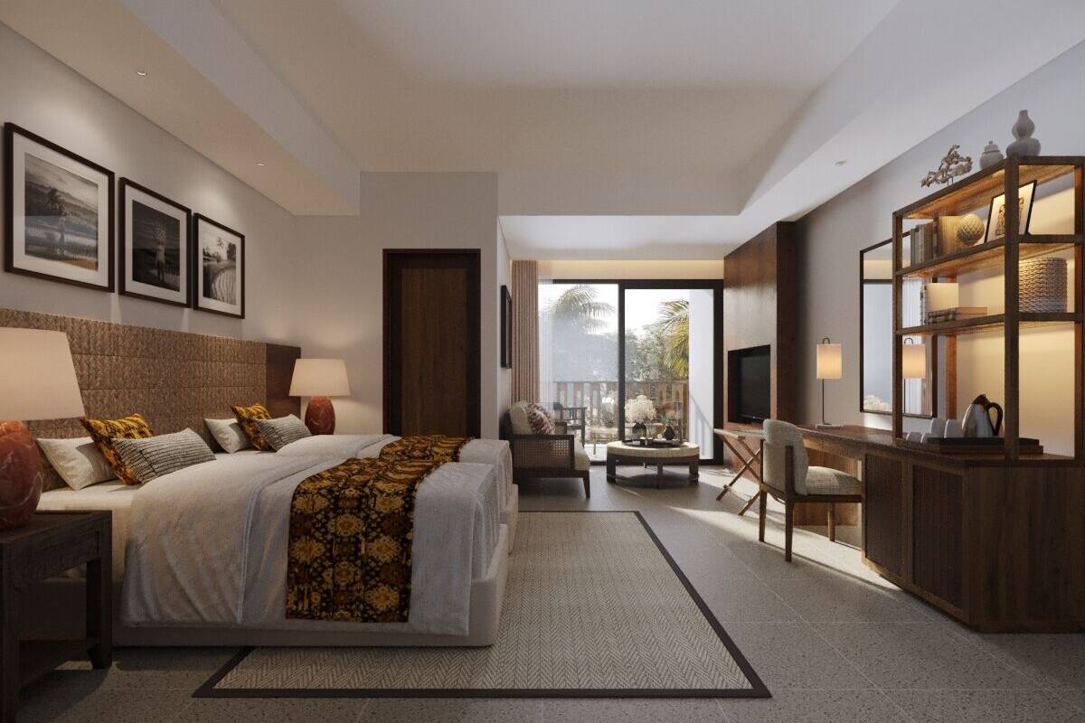 A modern hotel room with a large bed, a desk, a chair, and a view of the outdoors.