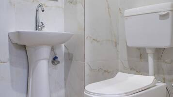 Shower, hair dryer, bidet, towels