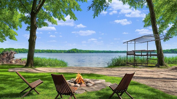 Un espace extérieur aménagé au bord du lac, avec un foyer et des chaises.