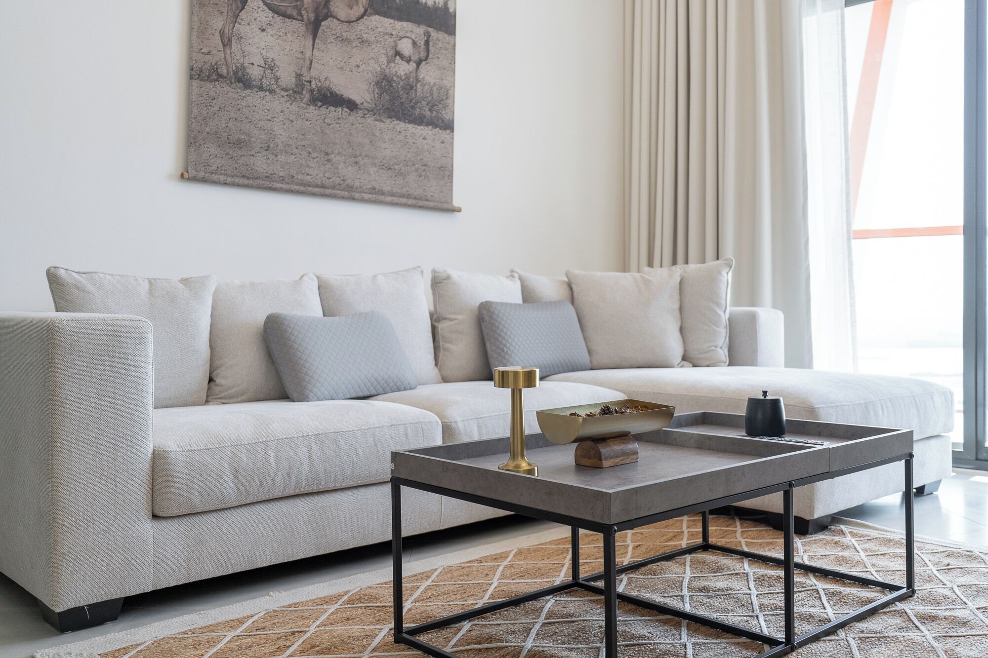 A modern living room with a light grey sofa, a coffee table with a metal frame, and a patterned rug.