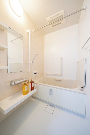 Hair dryer, bidet, towels, soap