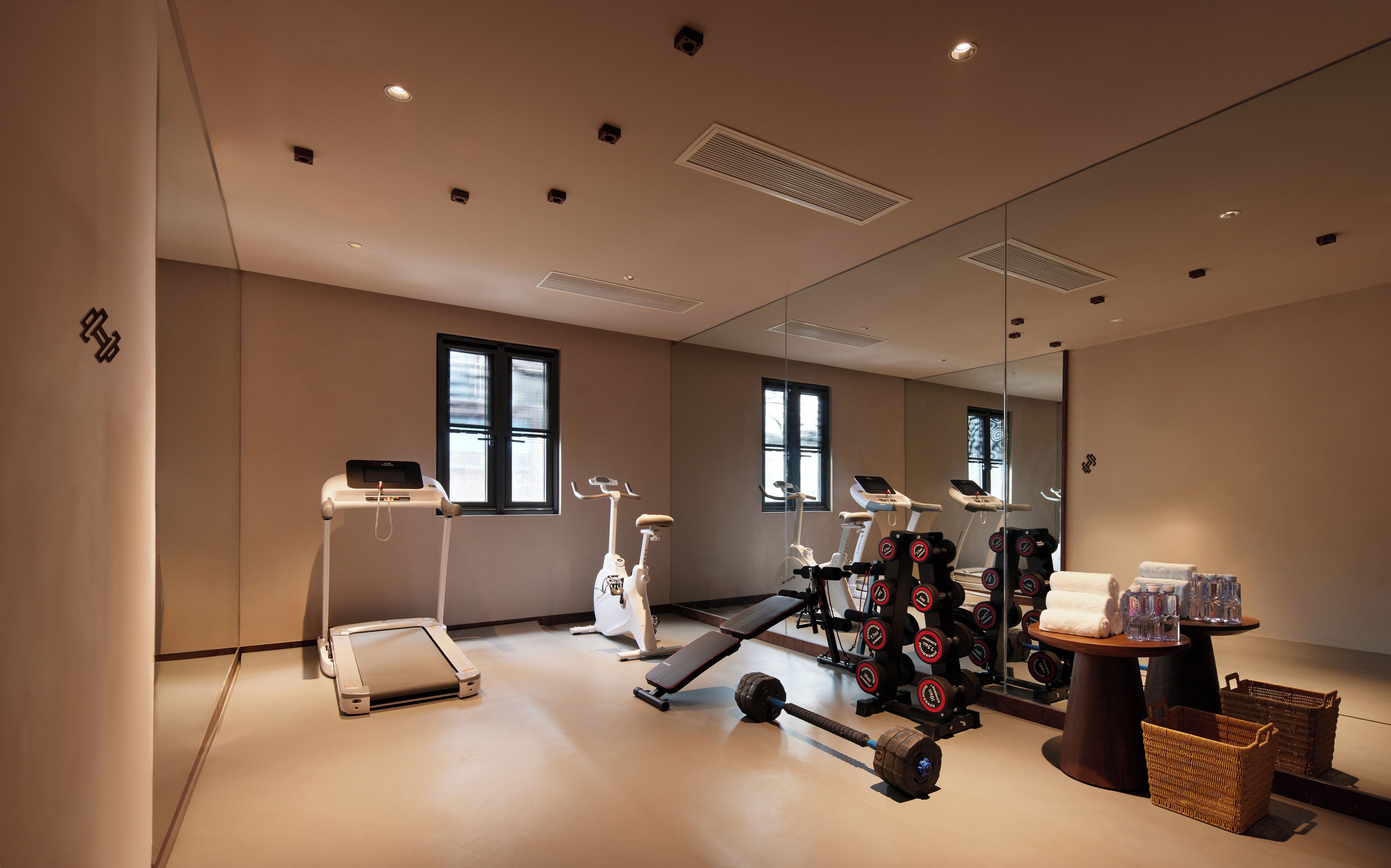Une salle de sport équipée de tapis de course, de vélos d’appartement et d’appareils de musculation.