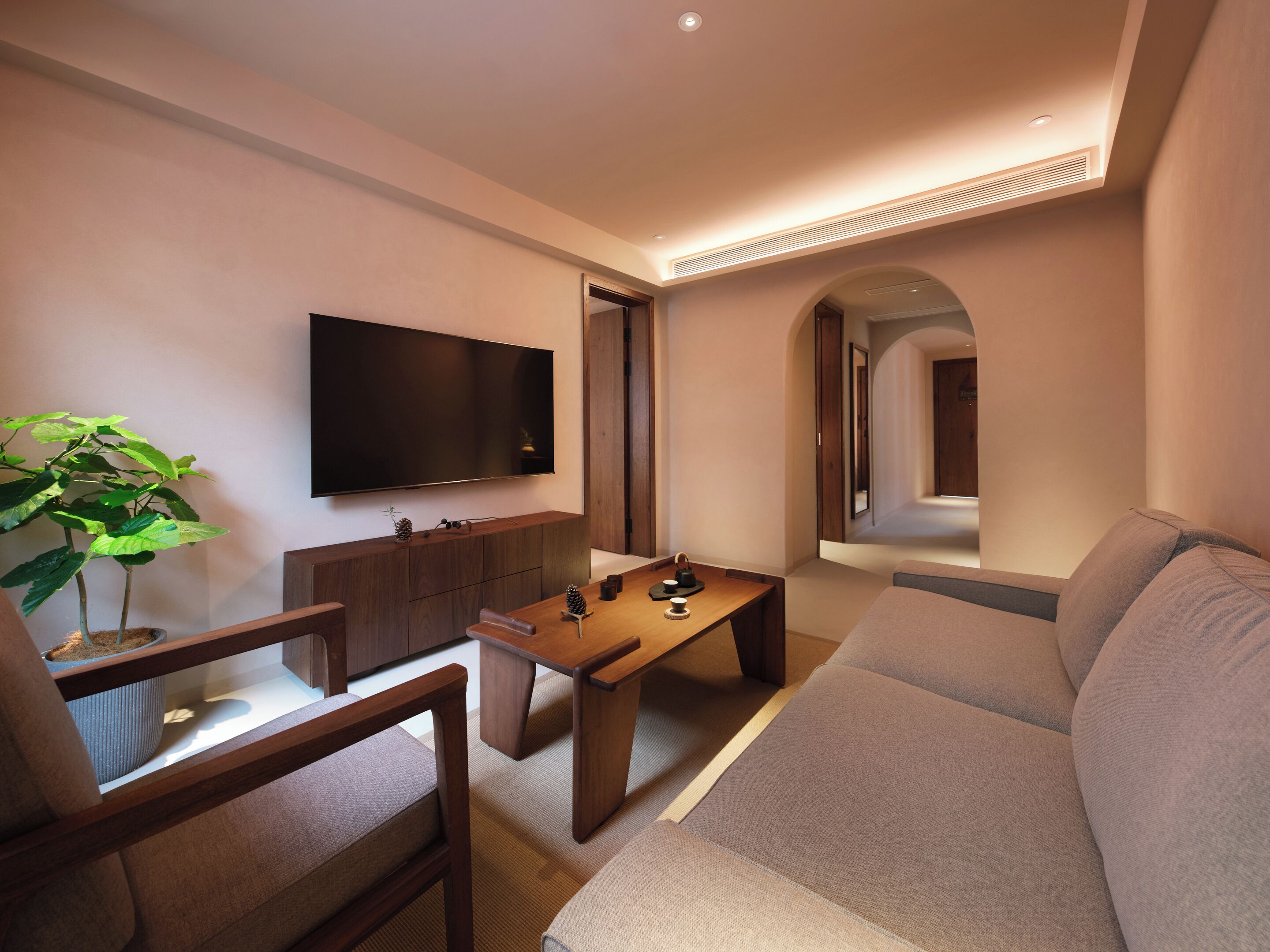 A modern living room with a flat-screen TV, wooden furniture, a large plant, and a sofa.