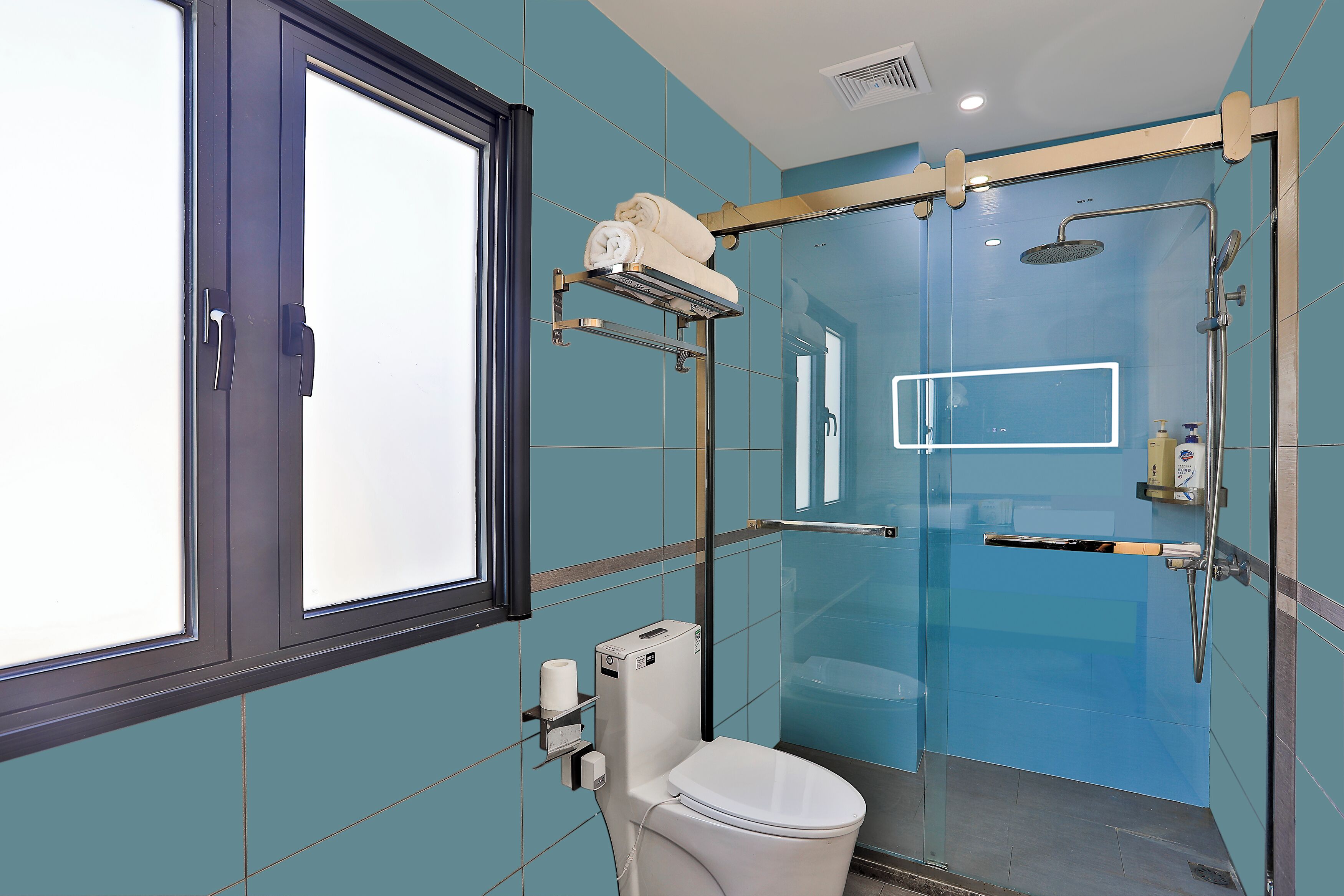 Een moderne badkamer met een douchecabine van glas, een toilet en een handdoekhouder.
