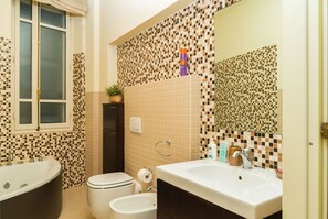 Shower, hair dryer, bidet, towels