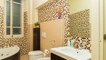 Douche, sĂšche-cheveux, bidet, serviettes fournies