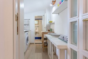 Shower, hair dryer, towels, toilet paper