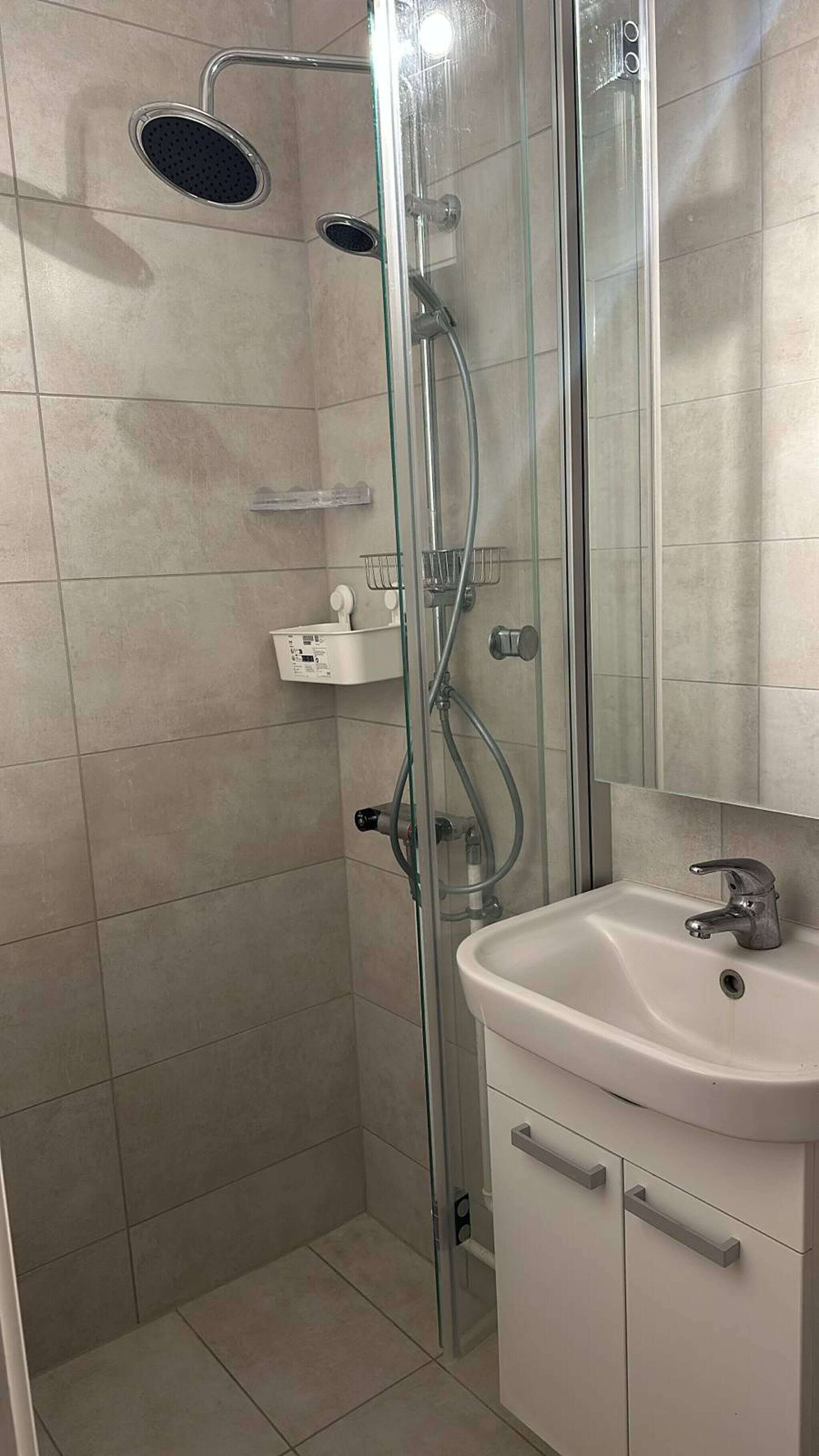A glass-enclosed shower with a handheld showerhead, a wall-mounted control panel, and a white sink with a mirror above it.