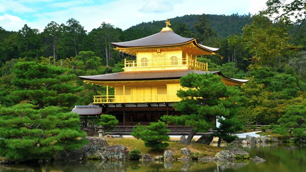 Un bâtiment japonais traditionnel, doté d’un toit à plusieurs niveaux, entouré d’une végétation luxuriante et bordé d’un étang paisible.