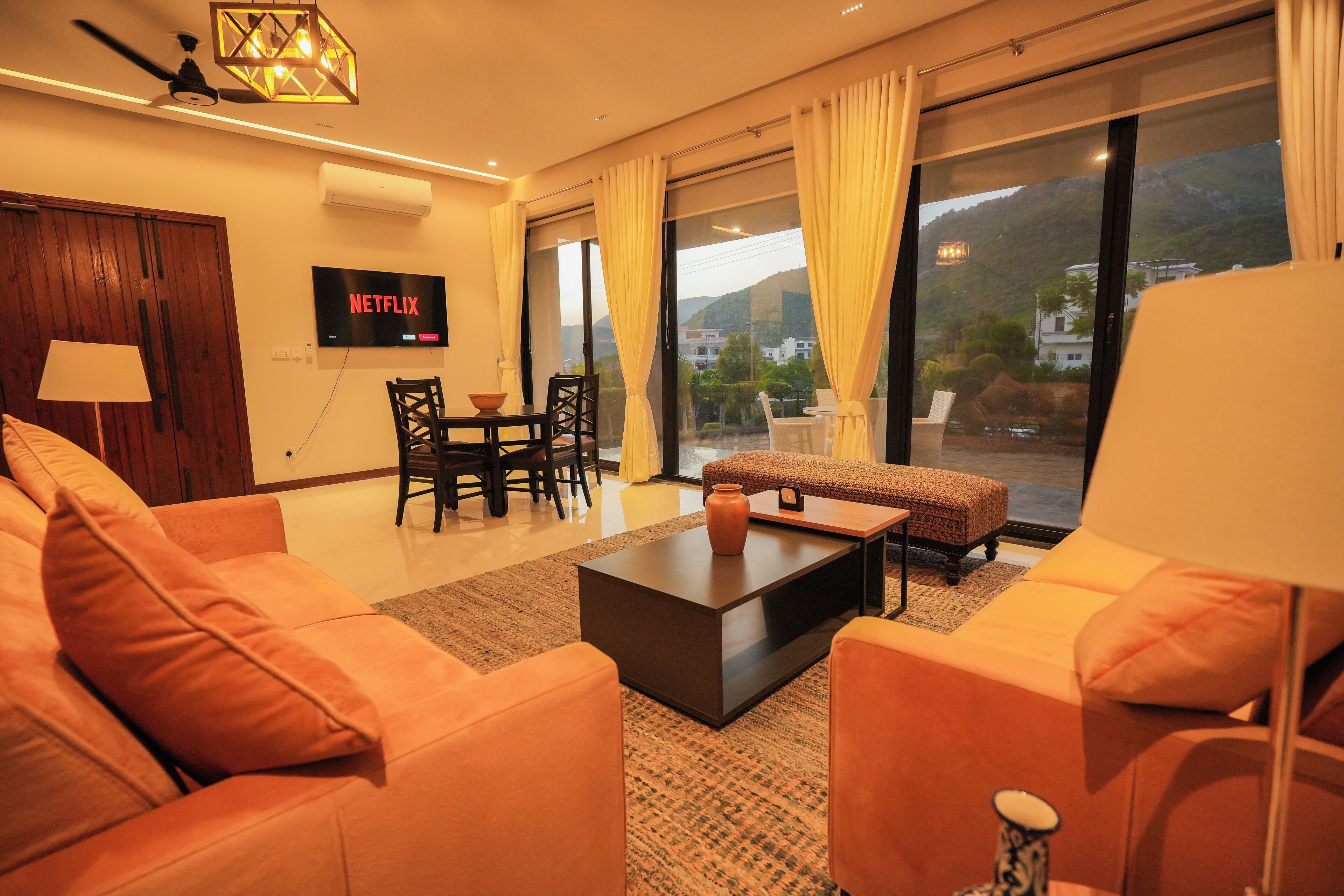 Smart TV, fireplace, books