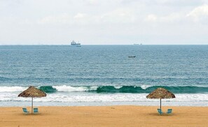 Ein Strand mit zwei Strohdächern und blauen Liegestühlen.