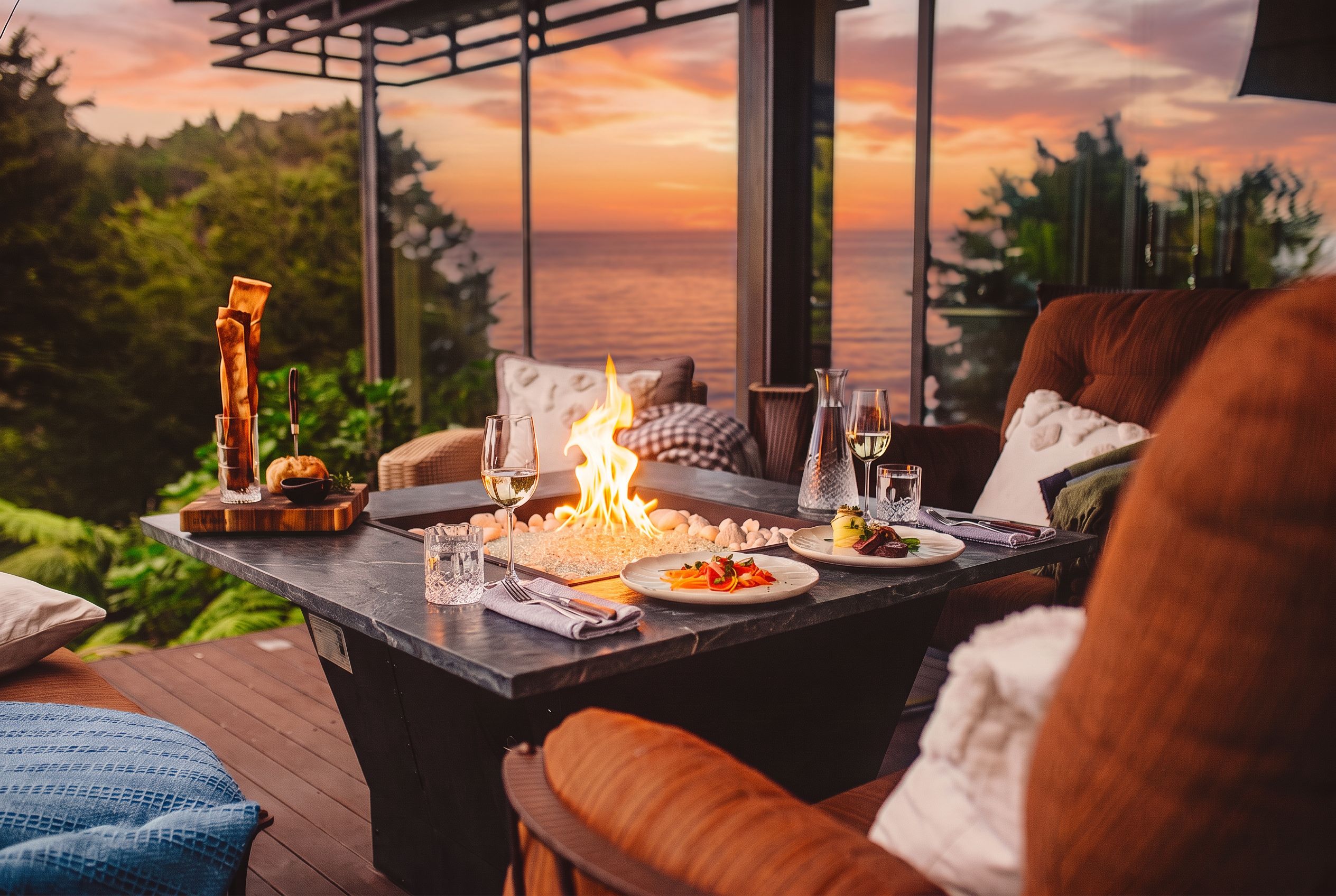 A dining table with a fire, plates of food, and glasses of wine, set against a scenic view.