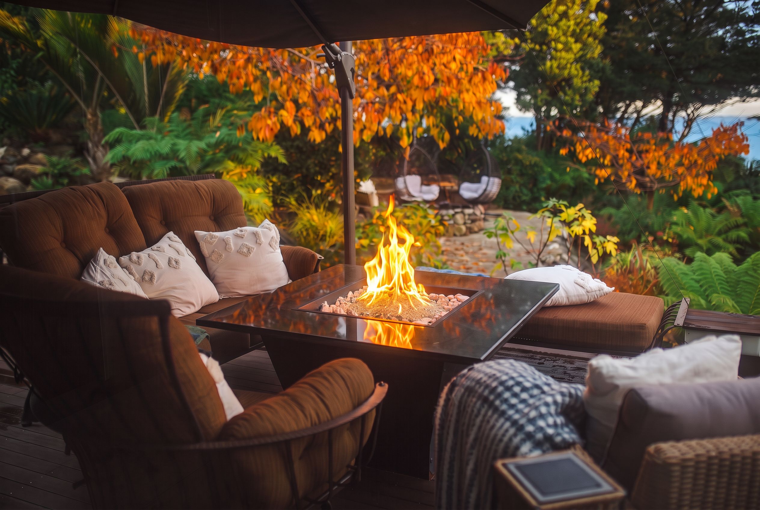 Una terraza con una chimenea, asientos y vistas a árboles.