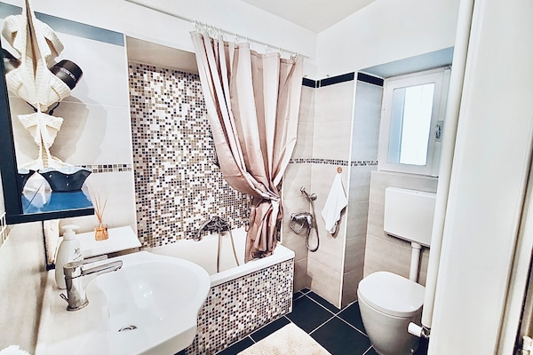 Hair dryer, towels, soap, toilet paper