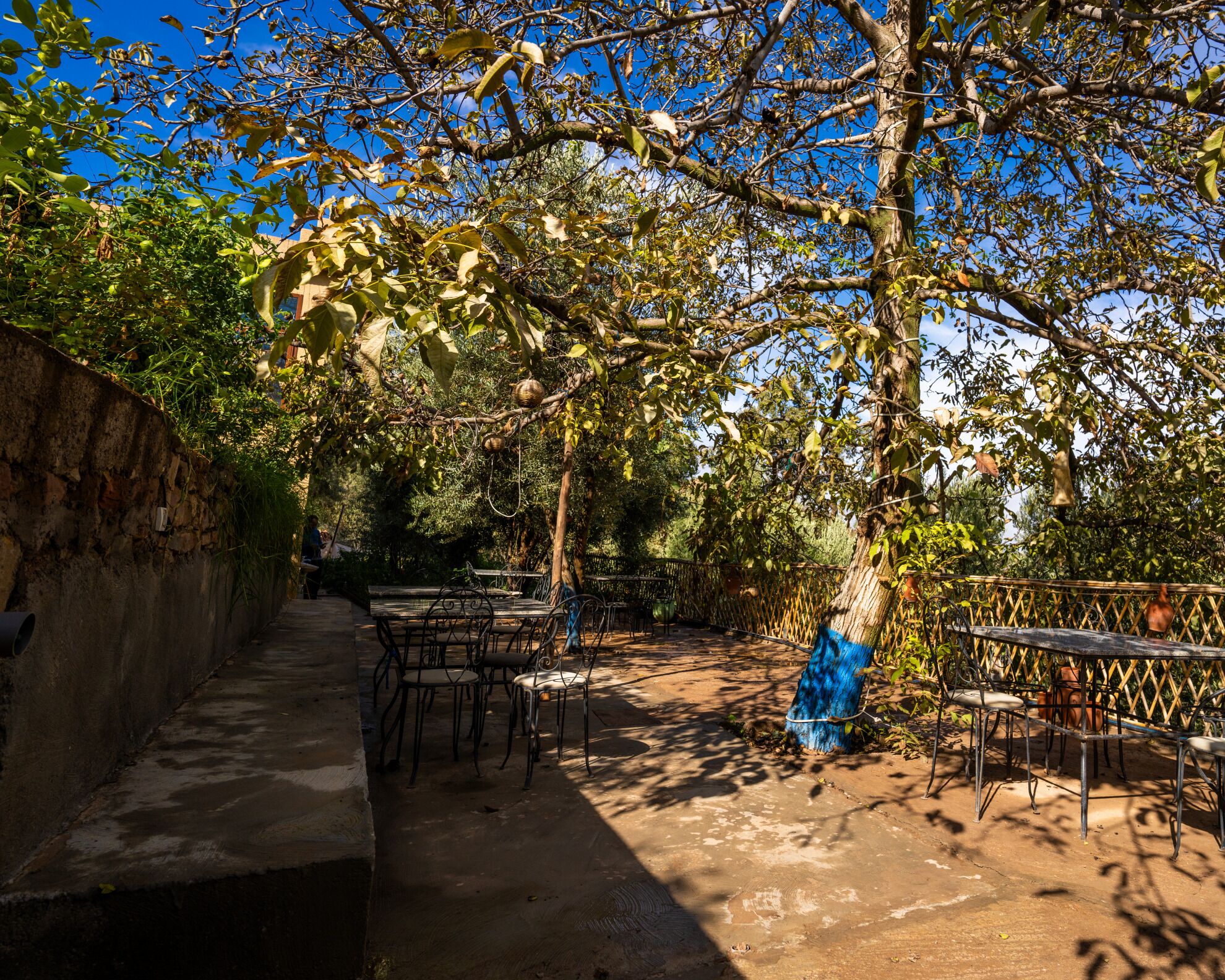 Un espace extérieur aménagé avec des tables et des chaises, entouré d’arbres et d’un mur en pierre.