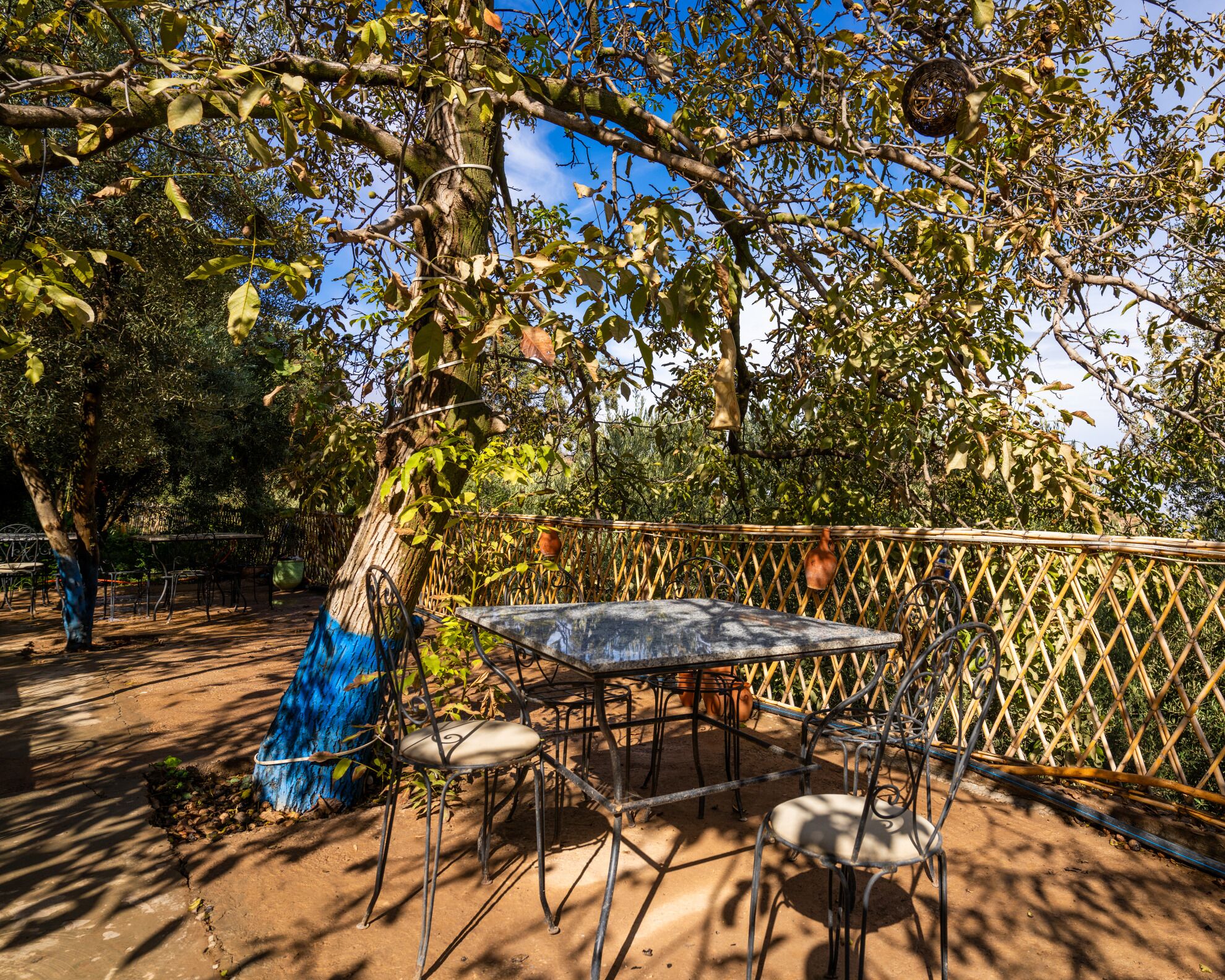 An outdoor patio area with a table and chairs, surrounded by a bamboo fence and trees.