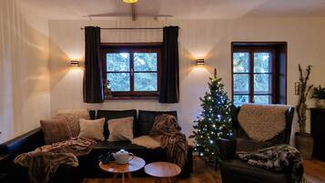 Een smart-tv, een open haard, boeken en een stereo