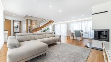 TV connectée, cheminée, livres, écrans d'ordinateur