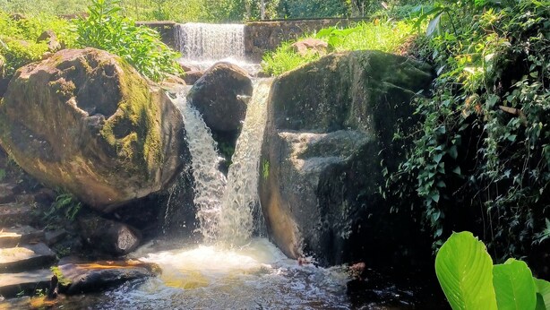 A waterfall cascading over rocks in a lush, green forest setting. - Maple Leaf Ecovillage Camping & Reserve (Resende)