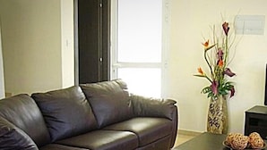 A brown leather sofa in a living room with a vase of flowers on a table. - Ayia Thekla Villa Poppeli (Ayia Thekla)