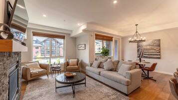 Télévision, cheminée, espaces bureaux