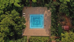 An aerial view of a square-shaped swimming pool surrounded by dense greenery. - Bandhav Vilas (Manpur)