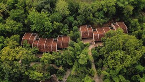 An aerial view of a cluster of traditional terracotta-roofed buildings surrounded by dense green forest. - Bandhav Vilas (Manpur)