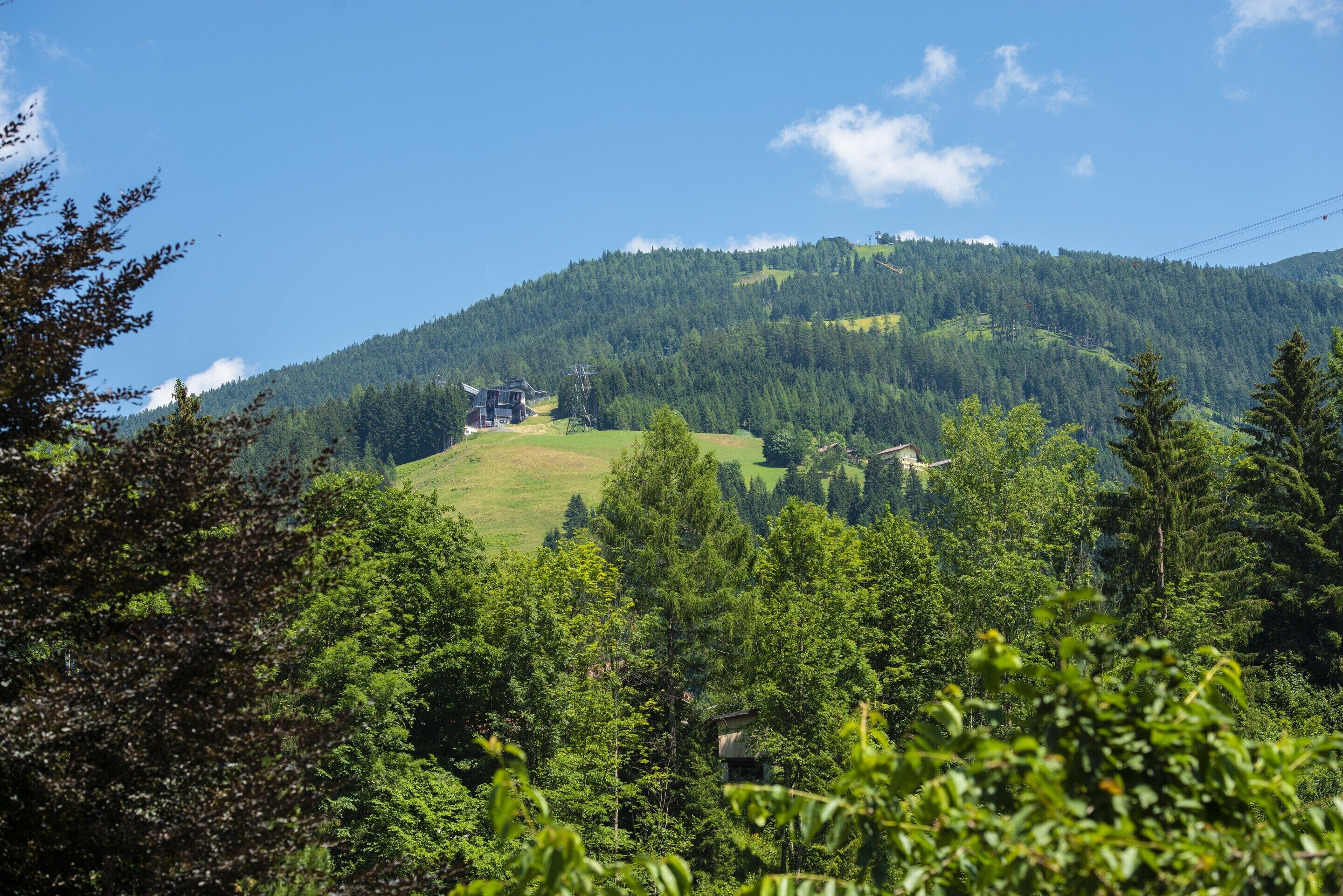 A mountain landscape with a house on a hill, surrounded by dense forest.
