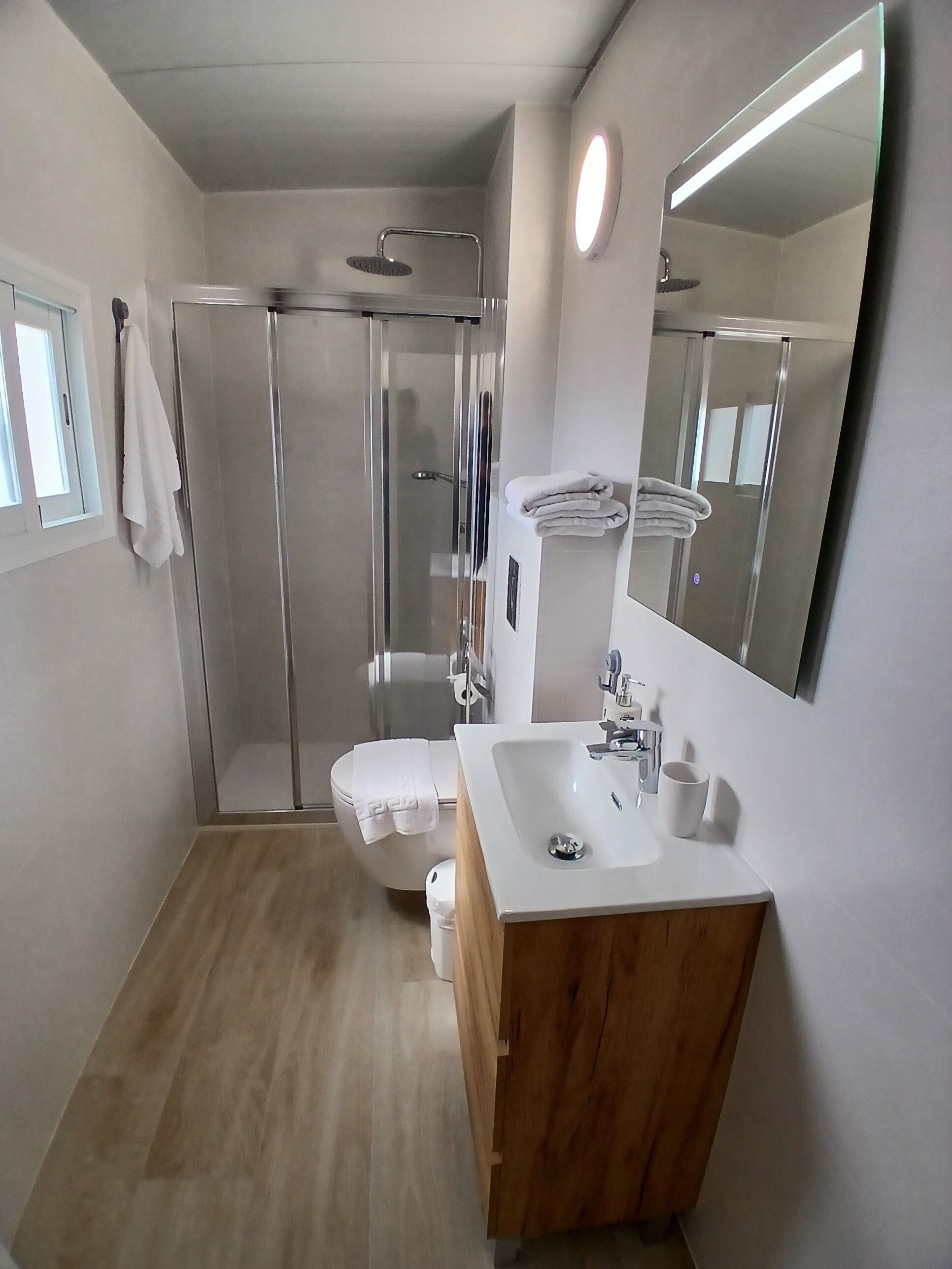 A modern bathroom with a glass-enclosed shower, a toilet, and a sink with a mirror above it.