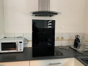Frigorífico, microondas, horno y placa de cocina