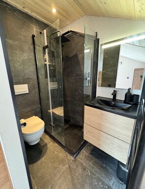 Douche, séchoir à cheveux, serviettes fournies, savon