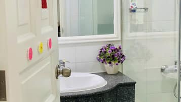 Hair dryer, towels, soap, toilet paper