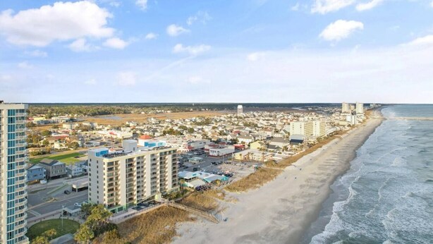 A coastal cityscape with high-rise buildings, a beach, and a clear sky. - Oceanfront- Pools- Hot Tub- Grill- Near Shops- Gym (North Myrtle Beach)