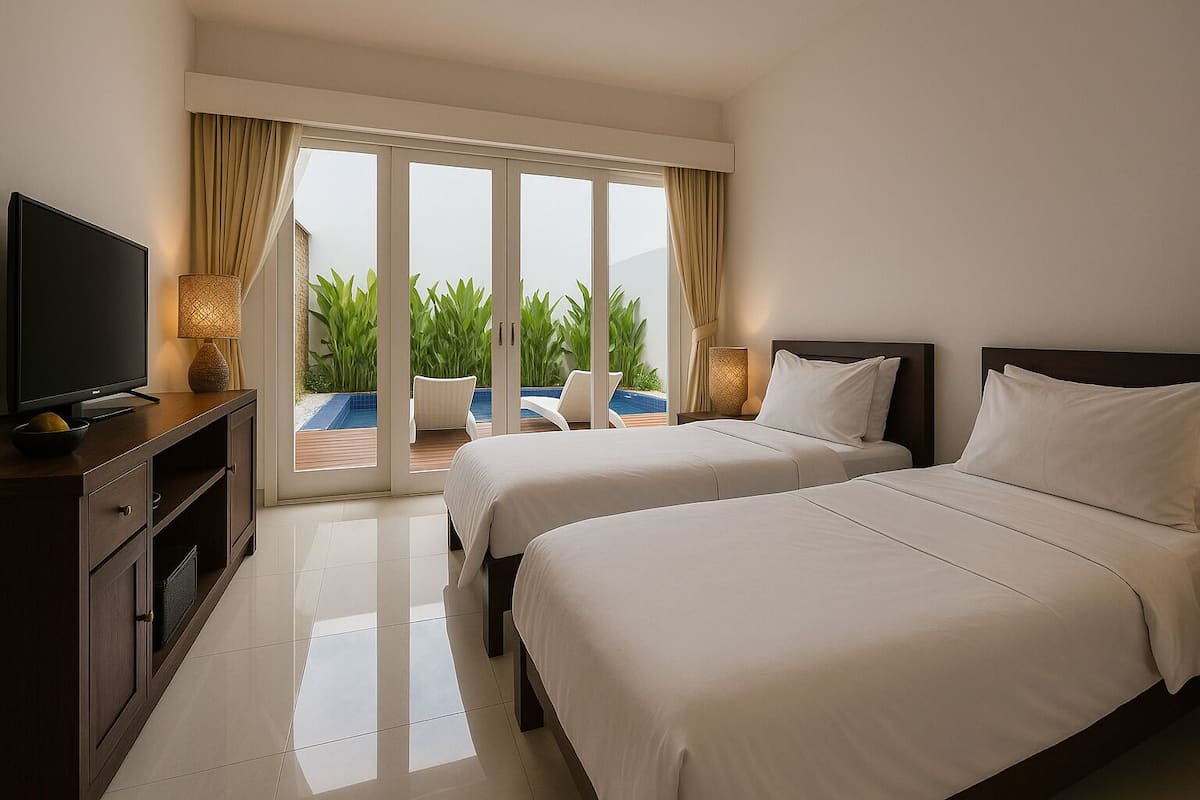 A hotel room with two beds, a TV, and a balcony with a pool and plants.