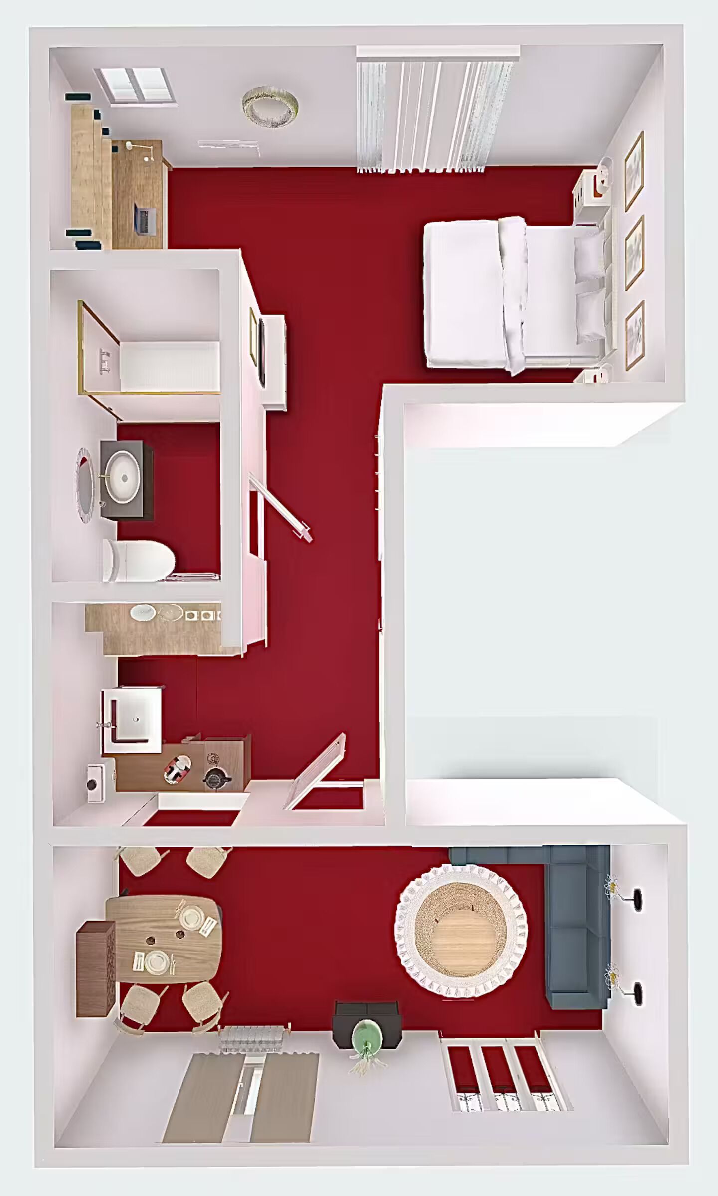 A room with a bed, a desk, a chair, a small table, a sofa, a TV, and a window.