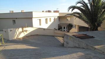 A building with a sloped roof, a palm tree, and a concrete ramp leading to the entrance.