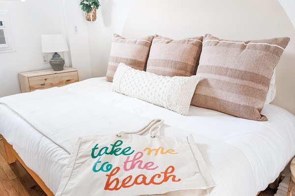 Boho themed bedroom with full-sized Casper bed