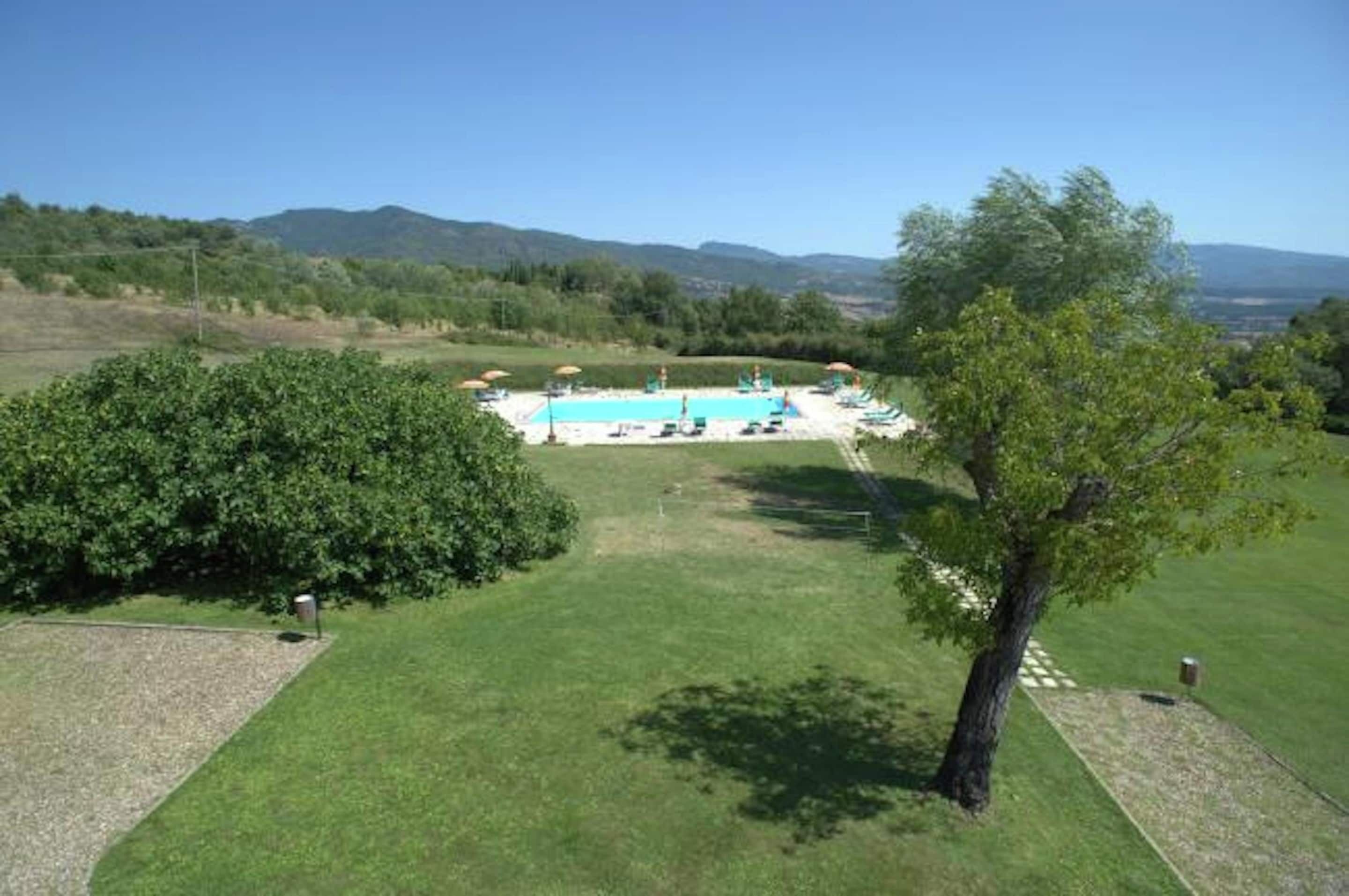 A swimming pool with lounge chairs and umbrellas, surrounded by green grass and trees, with mountains in the background.