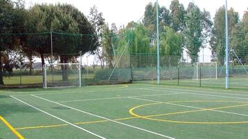 An empty sports field with goalposts and a net, surrounded by trees.