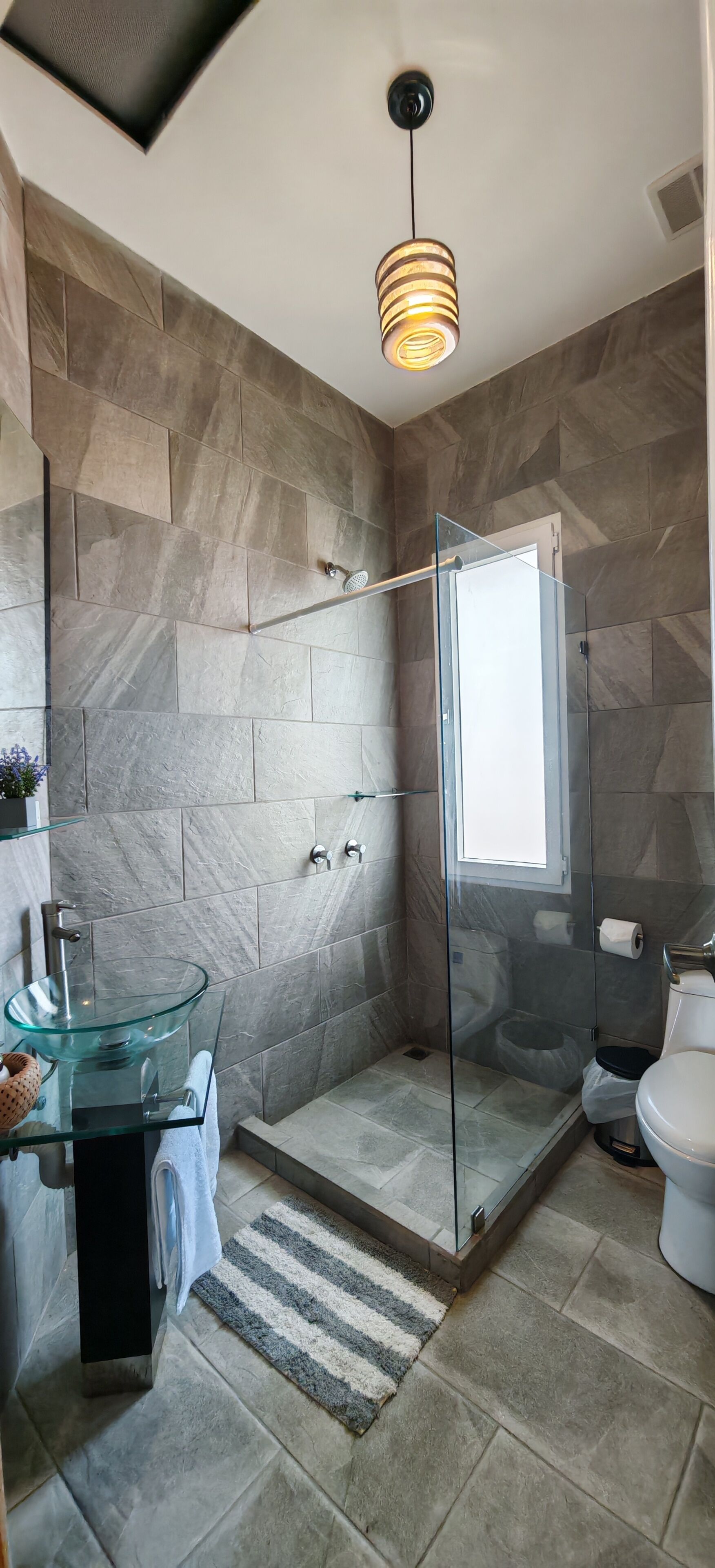 Regadera, toallas, papel de baño 