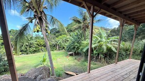 Une terrasse en bois offrant une vue sur un jardin luxuriant et des palmiers.