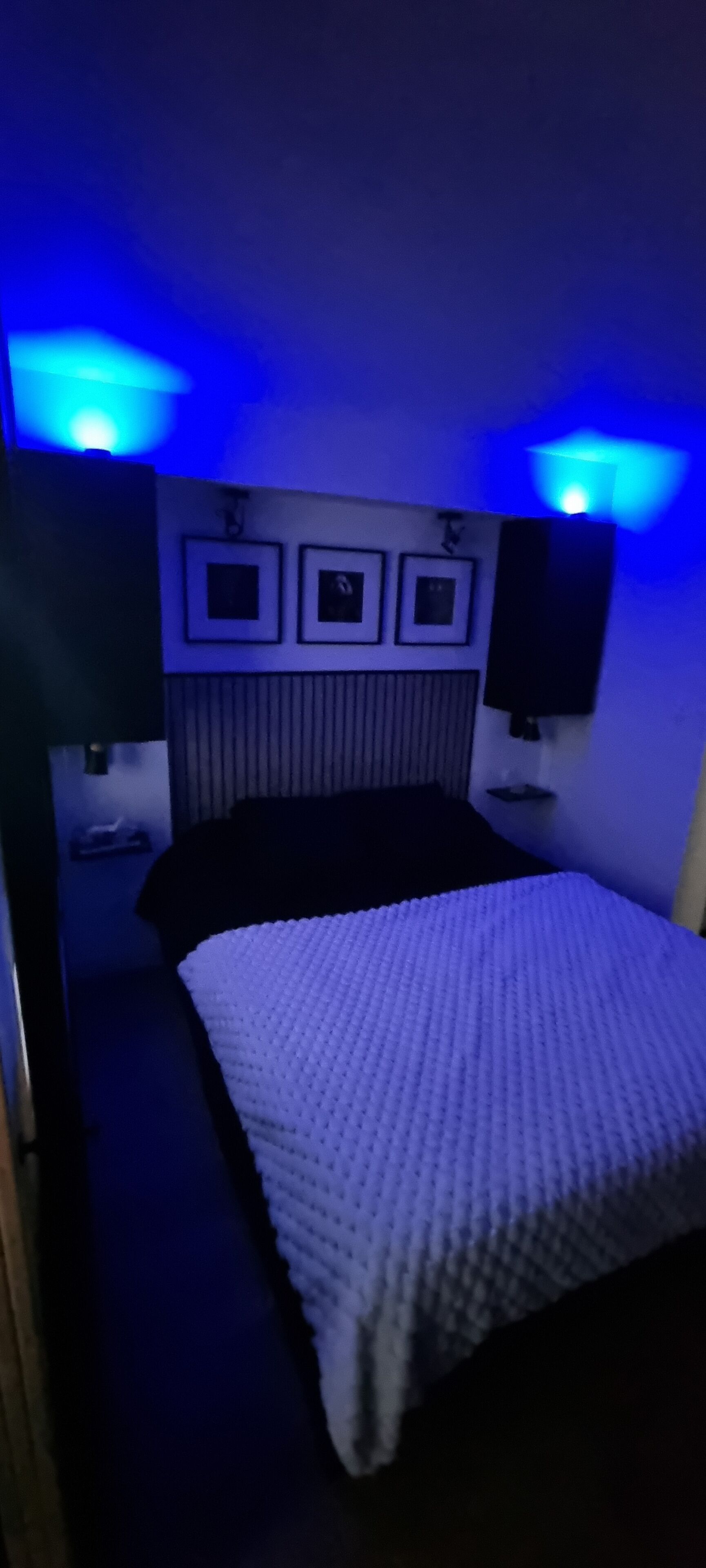 Une pièce faiblement éclairée, avec un lit, un téléviseur fixé au mur et des tableaux encadrés.