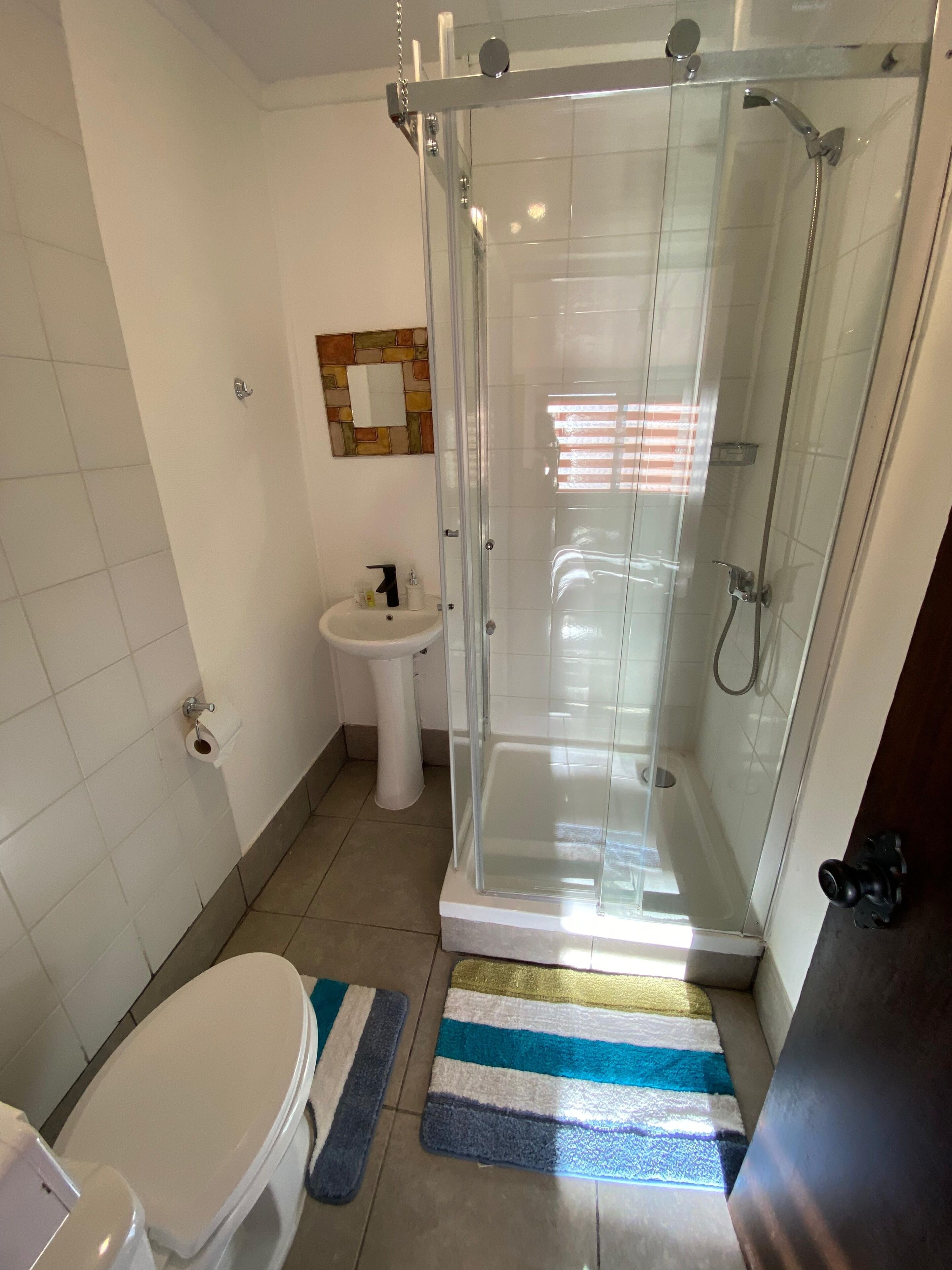 A bathroom with a toilet, sink, and glass-enclosed shower.