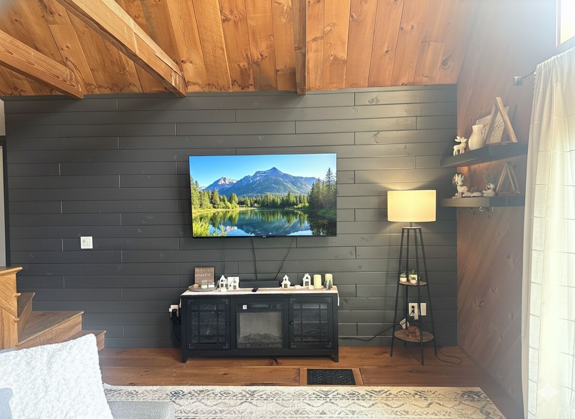 A living room with a mounted TV, wooden ceiling, dark wall, and a small cabinet with decorative items.